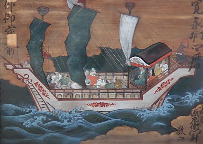 Японцы и европейцы на японском корабле в 1627 году. Исторический музей в Осака. Фото Лимарева В.Н.