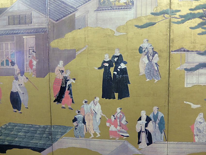 Иезуиты проповедуют в Японии.  (Японская живопись 17-19 века). Исторический музей  в Осака.   Фото Лимарева В.Н.