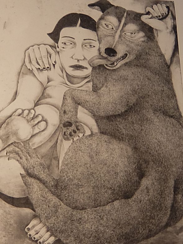 Японка с ласковой собакой. Япоский художник RIE HIDAKA. Выставка  в Санкт-Петрбурге.   Фото Лимарева В.Н.